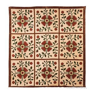 Hand-stitched Floral Applique "Whig Rose Variation" Pattern Quilt