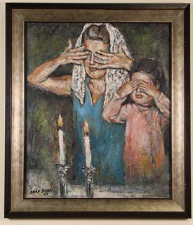 MOM AND DAUGHTER LIGHTING SHABBAT CANDLES OIL PAINTING