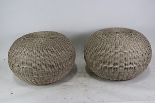 PAIR OF CONTEMPORARY TAN WICKER OTTOMANS