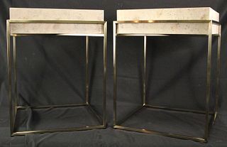 PAIR OF WOOD FINISH AND METAL BASE SIDE TABLES