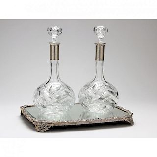 Pair of Silver Mounted Cut Glass Decanters & Mirrored Plateau
