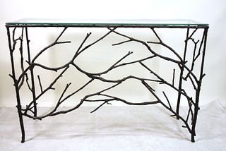 WROUGHT IRON BRANCH & TWIGS GLASS TOP CONSOLE TABLE