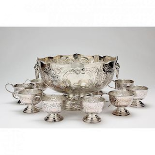 Vintage English Silverplate Punch Bowl with (10) Cups