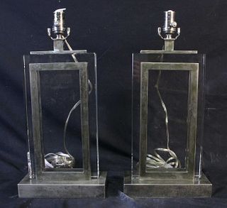 PAIR OF CONTEMPORARY CHROME & GLASS LAMPS
