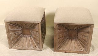 PAIR OF CONTEMPORARY FABRIC CUSHION WOOD OTTOMANS