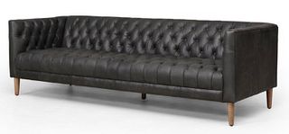 CONTEMPORARY BLACK LEATHER BUTTON TUFTED SOFA