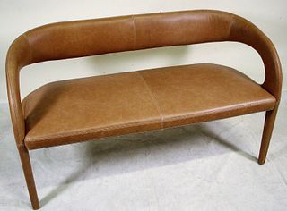 FULLY UPHOLSTERED TAN LEATHER HERMES STYLE BENCH
