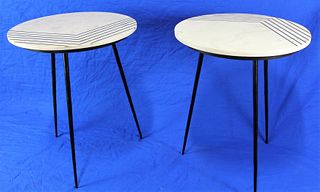 PAIR OF WHITE MARBLE TOP IRON BASE SIDE TABLES