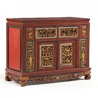 Chinese Carved Gilt and Lacquered Low Cabinet
