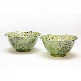 Two Fine Carved Spinach Jade Tea Bowls