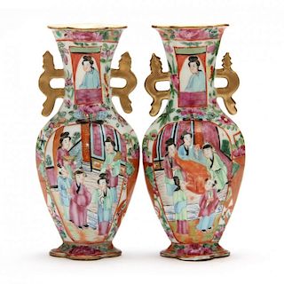 Pair of Chinese Export Rose Mandarin Cabinet Vases