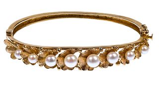 14k Yellow Gold and Pearl Hinged Bangle Bracelet