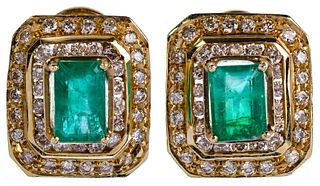 14k Yellow Gold, Emerald and Diamond Pierced Earrings