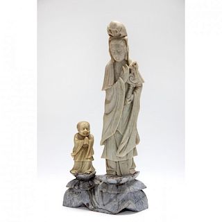 Chinese Carved Soapstone Figure of Guanyin and Shancai
