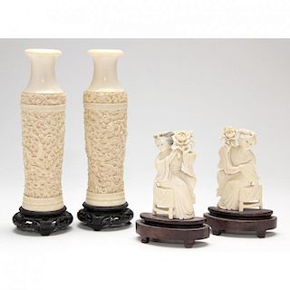Chinese Ivory Vasiform Candlesticks and a Pair of Seated Maidens