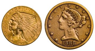 1888-S $5 and 1929 $2 1/2 Gold VF/Unc.