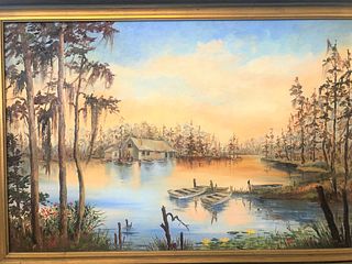 Vintage Oil Painting Cabin on Lake signed