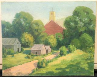 Vintage Landscape of Church Folk Art Oil Painting