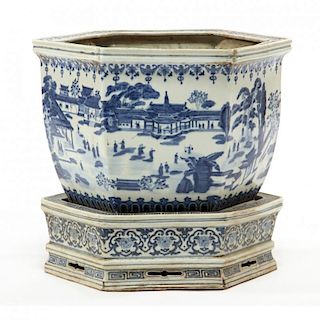 Chinese Blue and White Jardiniere With Stand