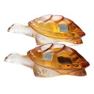Pair Lalique Glass Turtles