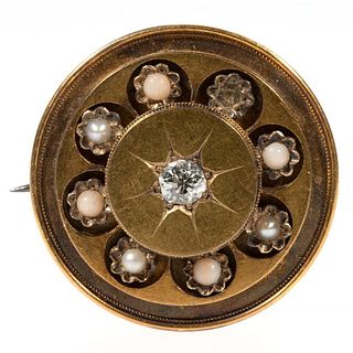 Victorian diamond, half pearl, coral & 15k gold brooch