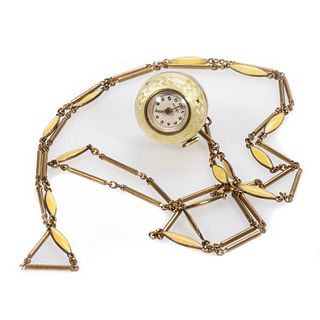 Bucherer guilloche enamel ball-form watch and chain