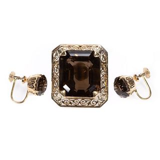 Smoky quartz, 14k gold brooch-pendant & earrings