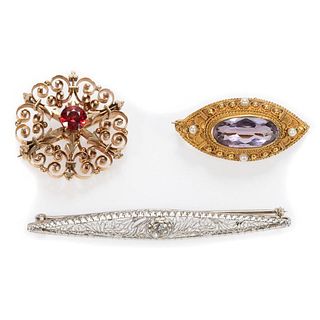 Antique diamond, gem-set , 14k gold bar pins