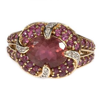 Garnet, pink tourmaline, diamond and 14k gold ring