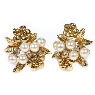 Pair of cultured pearl, diamond and 14k gold earrings