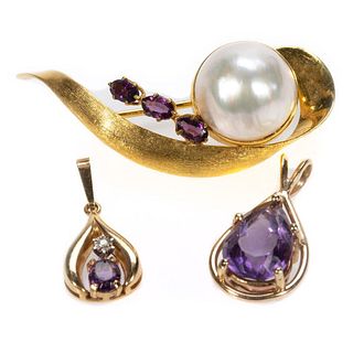 Mabe cultured pearl, diamond, amethyst, 14k jewelry