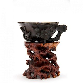 Carved Wood Libation Cup on Stand