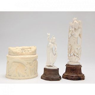 Two Indian Ivory Figures and a Lidded Box