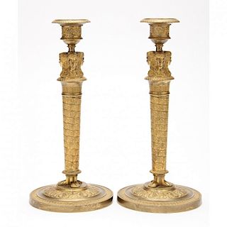 Pair of French Greek Revival Brass Candlesticks