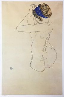 Egon Schiele  (After) - Nude Sitting with Blue Headband