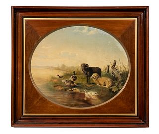 VICTORIAN OVAL PASTORAL PAINTING IN RECTANGULAR FRAME