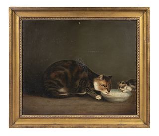 NAIVE AMERICAN PAINTING OF CAT AND KITTEN