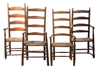 GROUP OF (4) 18TH C. COUNTRY LADDERBACK ARMCHAIRS