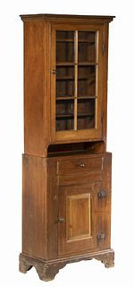 TWO-PART AMERICAN DIMINUTIVE COUNTRY PINE CUPBOARD