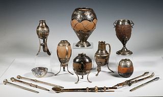 19TH-20TH C. ARGENTINA (8) YERBA MATE TEA ALPACA SILVER FITTED GOURDS & (7) BOMBILLA STRAWS, SOME GOLD FITTINGS; PLUS SMALL BOWL
