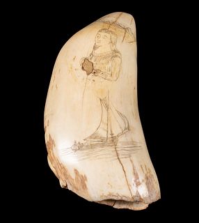 19TH C. SCRIMSHAW WHALE'S TOOTH PORTRAIT OF A GIRL, A TRAWLER AND A SAILING SHIP