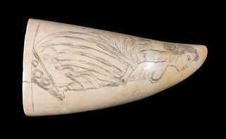 19TH C. SCRIMSHAW WHALE'S TOOTH PORTRAIT OF FIGUREHEAD AND SHIP