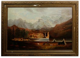 19TH C. NAIVE MOUNTAIN VIEW WITH ENCAMPMENT