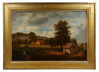 MID-19TH C. AMERICAN NAIVE PAINTING OF A MID-WESTERN FARM