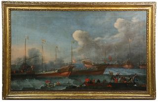 EARLY 18TH C. MONUMENTAL OIL PAINTING OF AN HISTORIC NAVAL ENGAGEMENT, ARTIST UNKNOWN