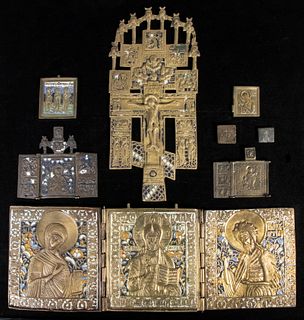 (5) EARLY GREEK ORTHODOX ICONS AND (3) RUSSIAN BRONZE ICONS