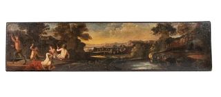 18TH C. ITALIAN PAINTING OF NUDES & SATYR IN LANDSCAPE