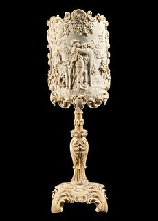 RARE TWO-PART CARVED CONTINENTAL IVORY CANDLE SCREEN