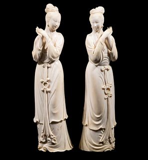 A 19TH C. PR OF SIGNED CHINESE IVORY FIGURINES