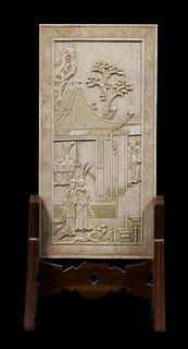 CHINESE QING IVORY TABLE PLAQUE IN WOODEN STAND